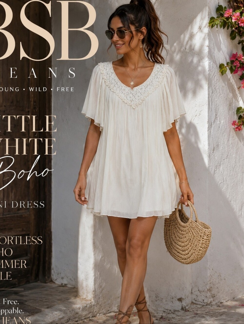 BSB Jeans Little White Boho Flowy Lace Trim Mini Dress Sz MED